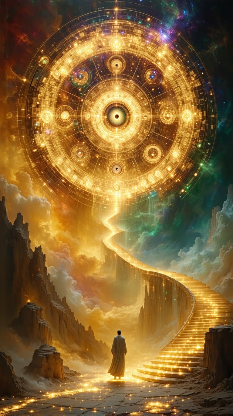 AI generated: 10. The Wheel of Fortune – The Cosmic Cycle

A massive celestial wheel, inscribed with shifting gold...
