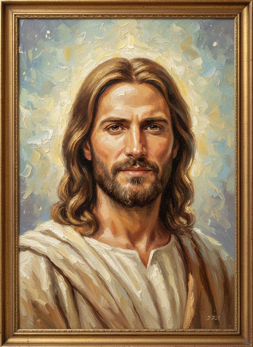 AI generated: A highly detailed oil painting in the style of Jesus with a gentle, compassionate expression and war...