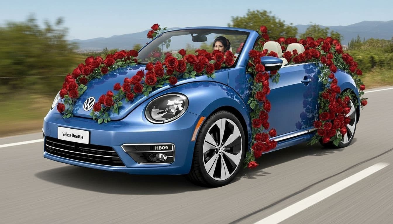 AI generated: Drive this Volkswagen Beetle.
Insert a very small "HB09" watermark onto the license plate.