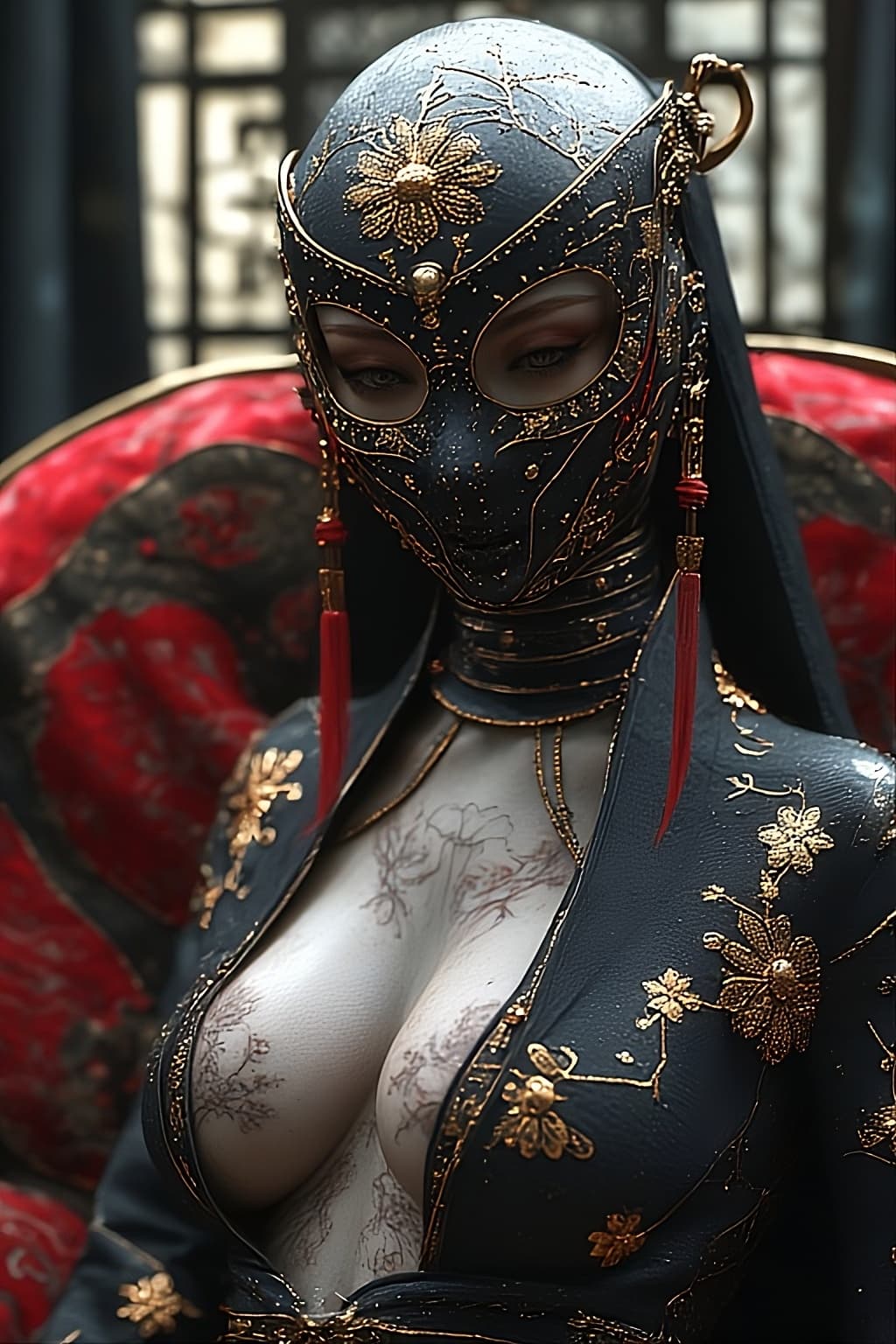 AI generated: a woman with pale skin and a striking presence.is adorned with an ornate, black and gold mask that c...