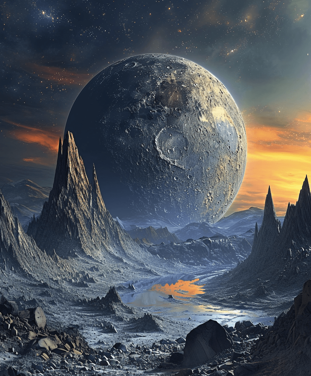AI generated: images of the moon and a sun in the sky, in the style of enchanting surrealism, mountainous vistas, ...