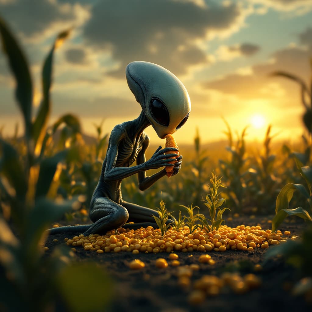 AI generated: Create an alien eats corn at a plantation. A UFO landed on the ground as background, shadows and con...