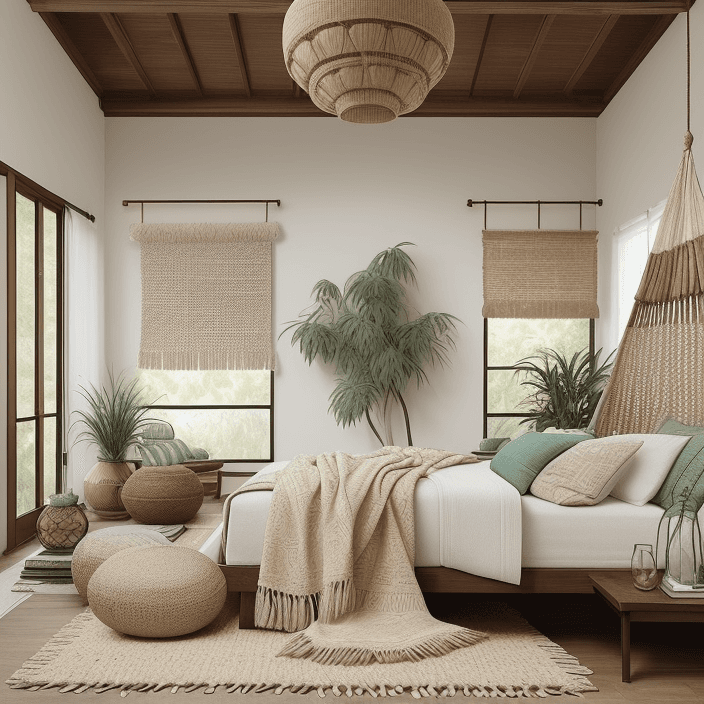 AI generated: Design a master bedroom with contemporary, warm boho vibes. Emphasize natural materials and textures...
