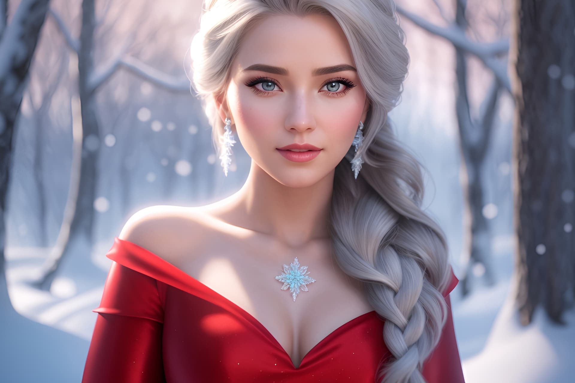 AI generated: (real female in Elsa outfit) , red dress winter background, (((full body visible) )), looking at vie...