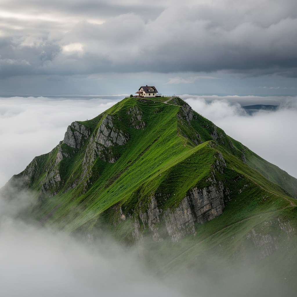 AI generated: Beautiful Green Mountain a House Top of the mountain and Smoky Weather Below
