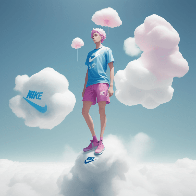 AI generated: pair of T-shirt that are made of cotton candy| 3D render| standing on a cloud| nike logo| clean comp...