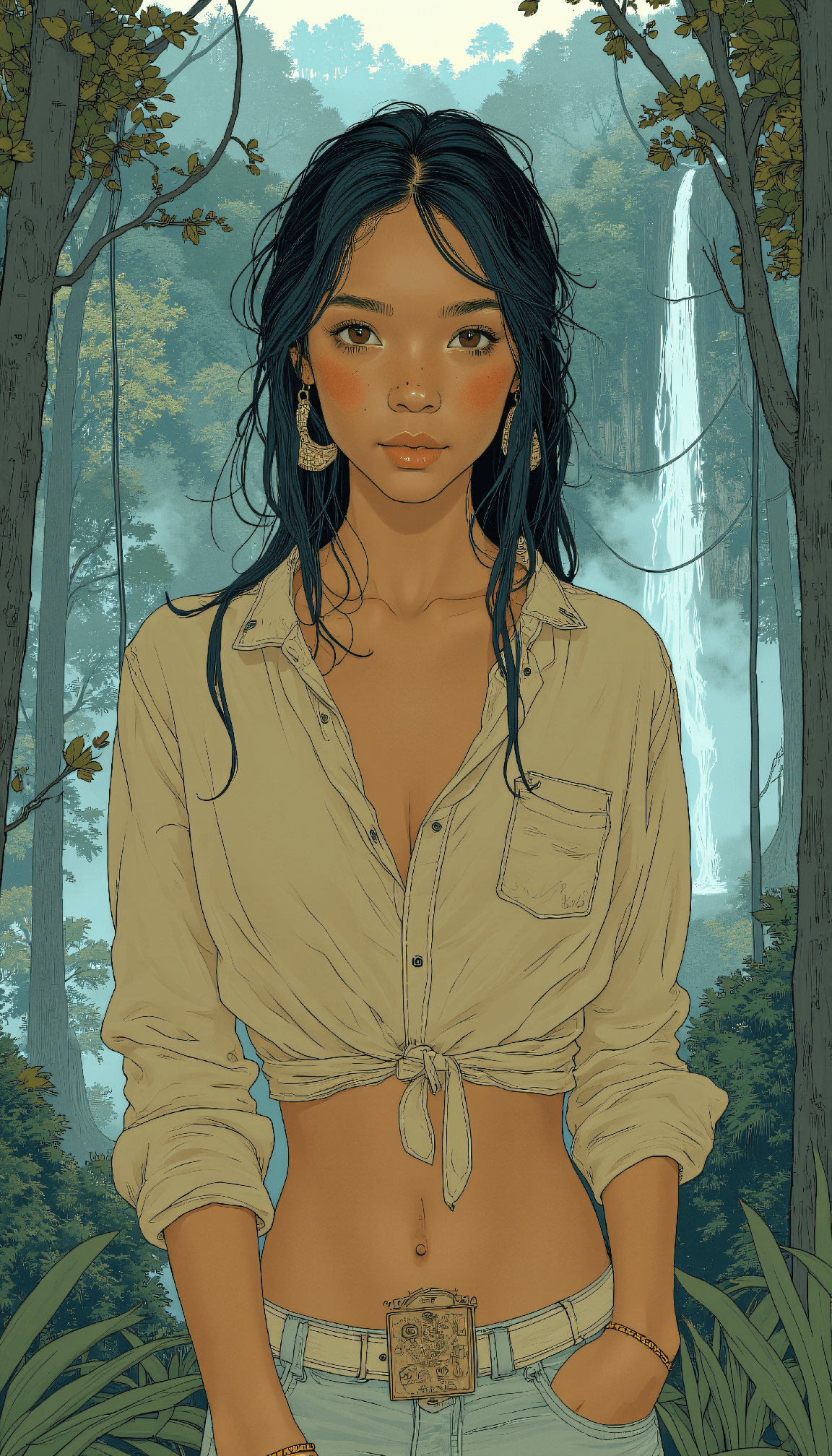 AI generated: drawing of a 24-year-old Spanish female elegant queen with a warm and inviting expression. Her body ...