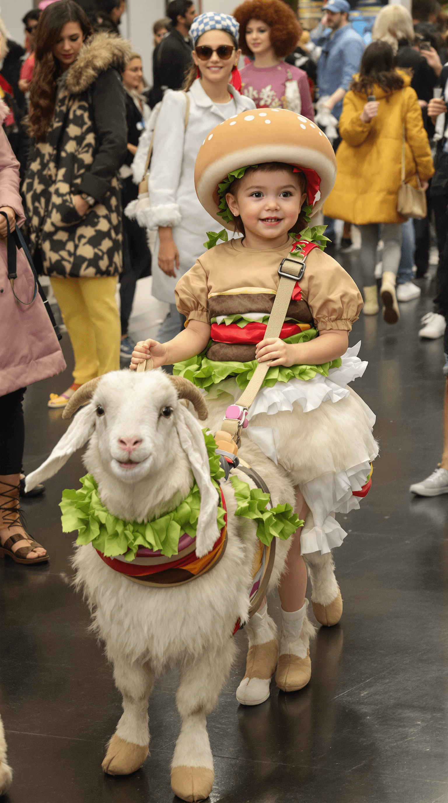 AI generated: A baby girl dressed as hamburger leads a pet manga white goat on a leash while walking at a fashion ...