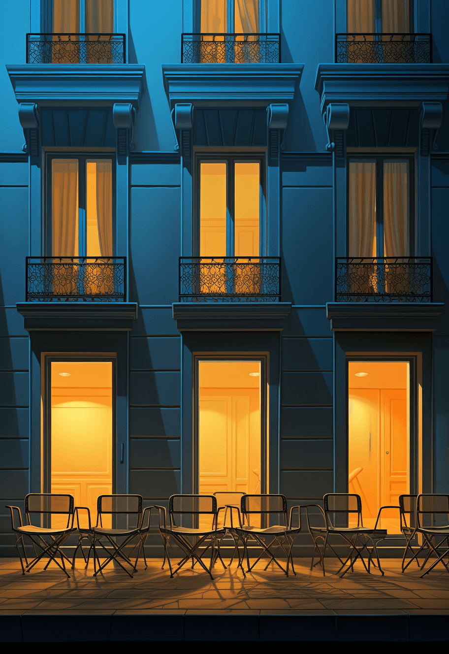 AI generated: chairs in front of a building, in the style of leica m6, evgeny lushpin, candid moments captured, hi...