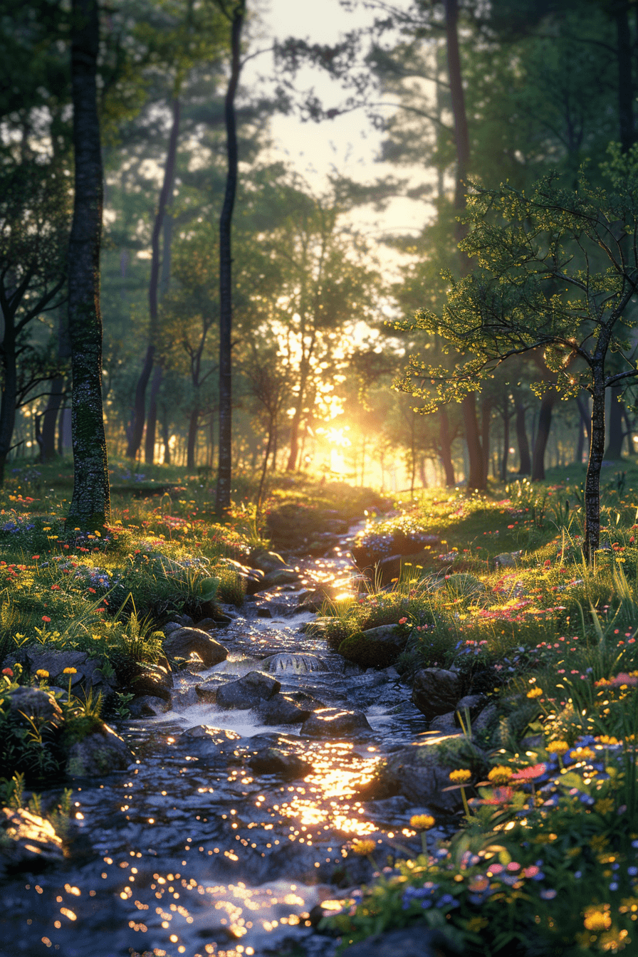 AI generated: A dark green forest, light shines through the gaps between the trees, there are grasses and colorful...