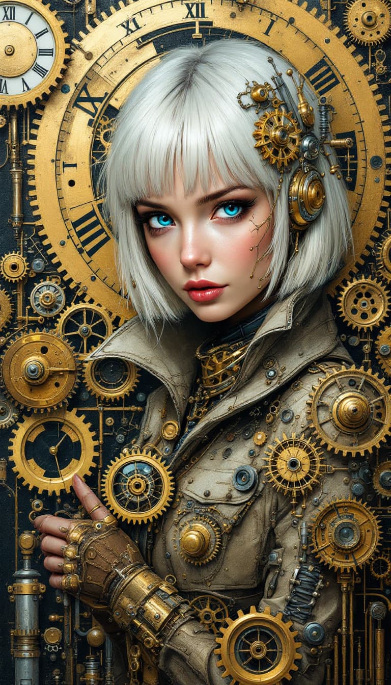 AI generated: "Golden Inventor in a Clockwork Dream": A captivating abstract painting features an inventor, showca...