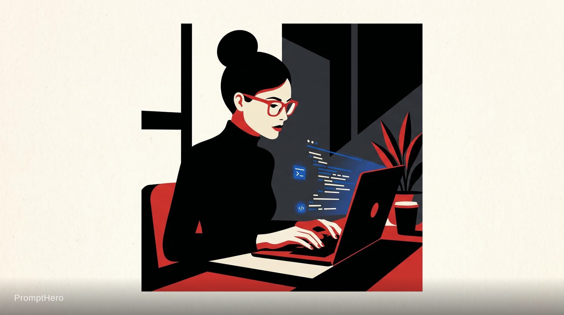 AI generated: I need a programmer front view on lap top typing but i want this color tones and style like Malika F...