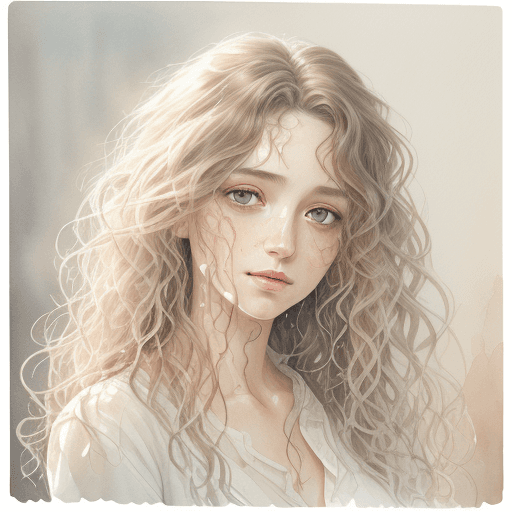 AI generated: light natural tones , watercolor drawing, portrait of a woman with long curly hair and white shirt, ...