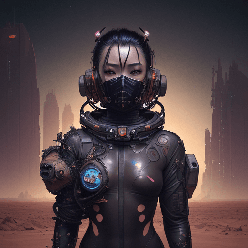 AI generated: destroyed spacestation outside, mars desert, a beautiful ukiyo painting of  cyberpunk space pilot, B...