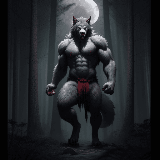 AI generated: grey strong furry werewolf with red demonic eyes standing on two legs in magical dark forest with to...