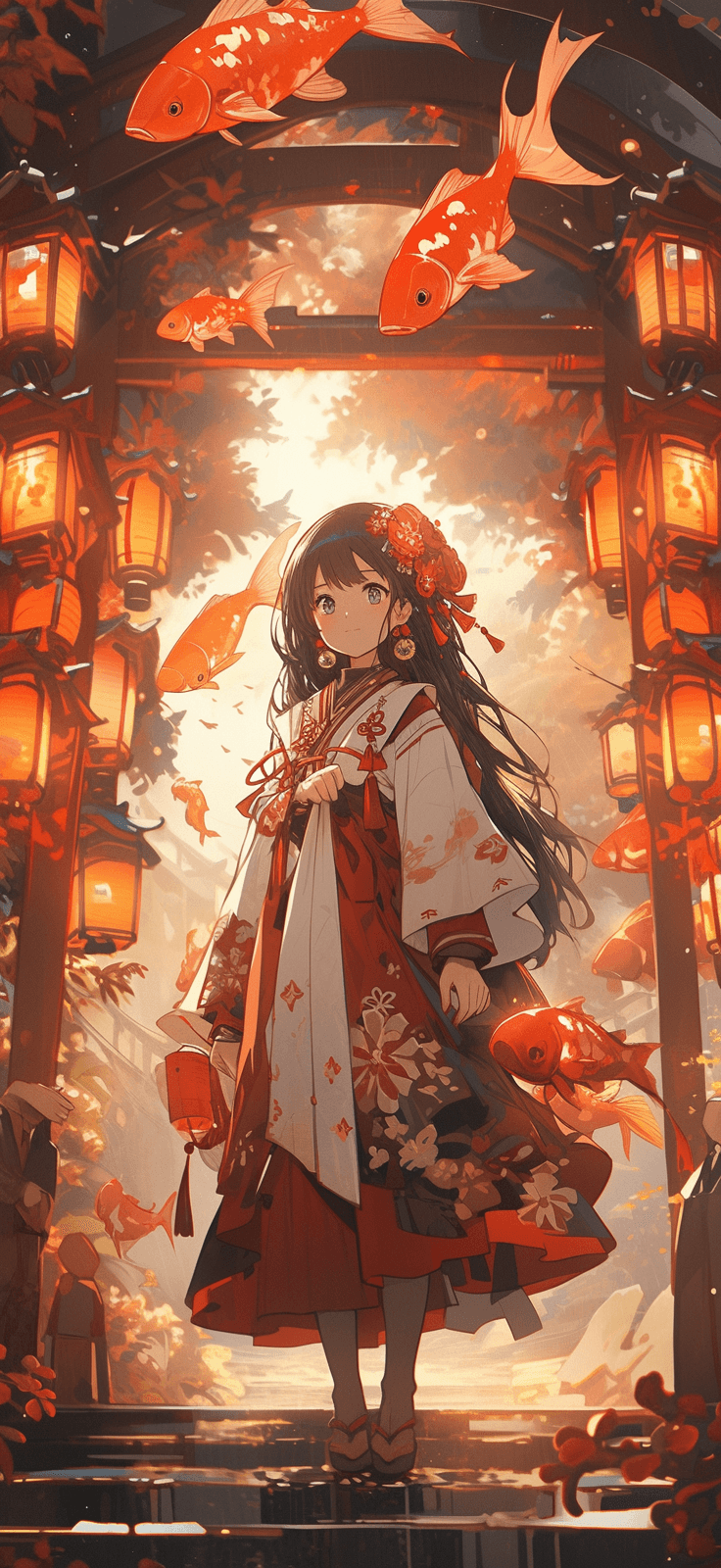 AI generated: a young lady with lanterns and koi fish, in the style of dynamic anime, light brown and red, festive...