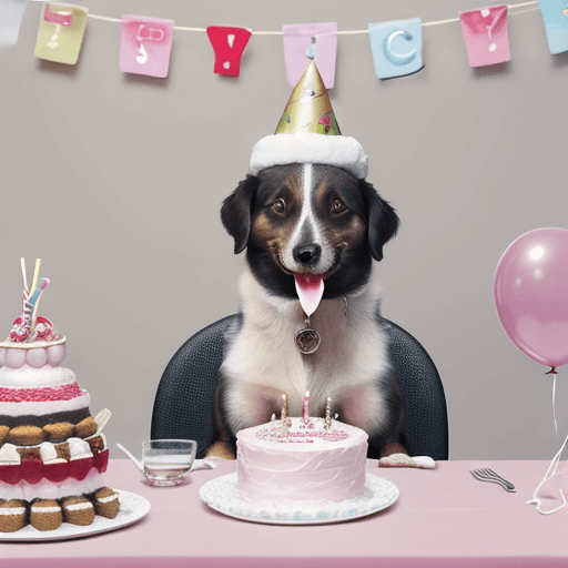 AI generated: birthday of a cute dog. A lovely cute happy dog, a cute hat on his head and a plastic fork in his mo...