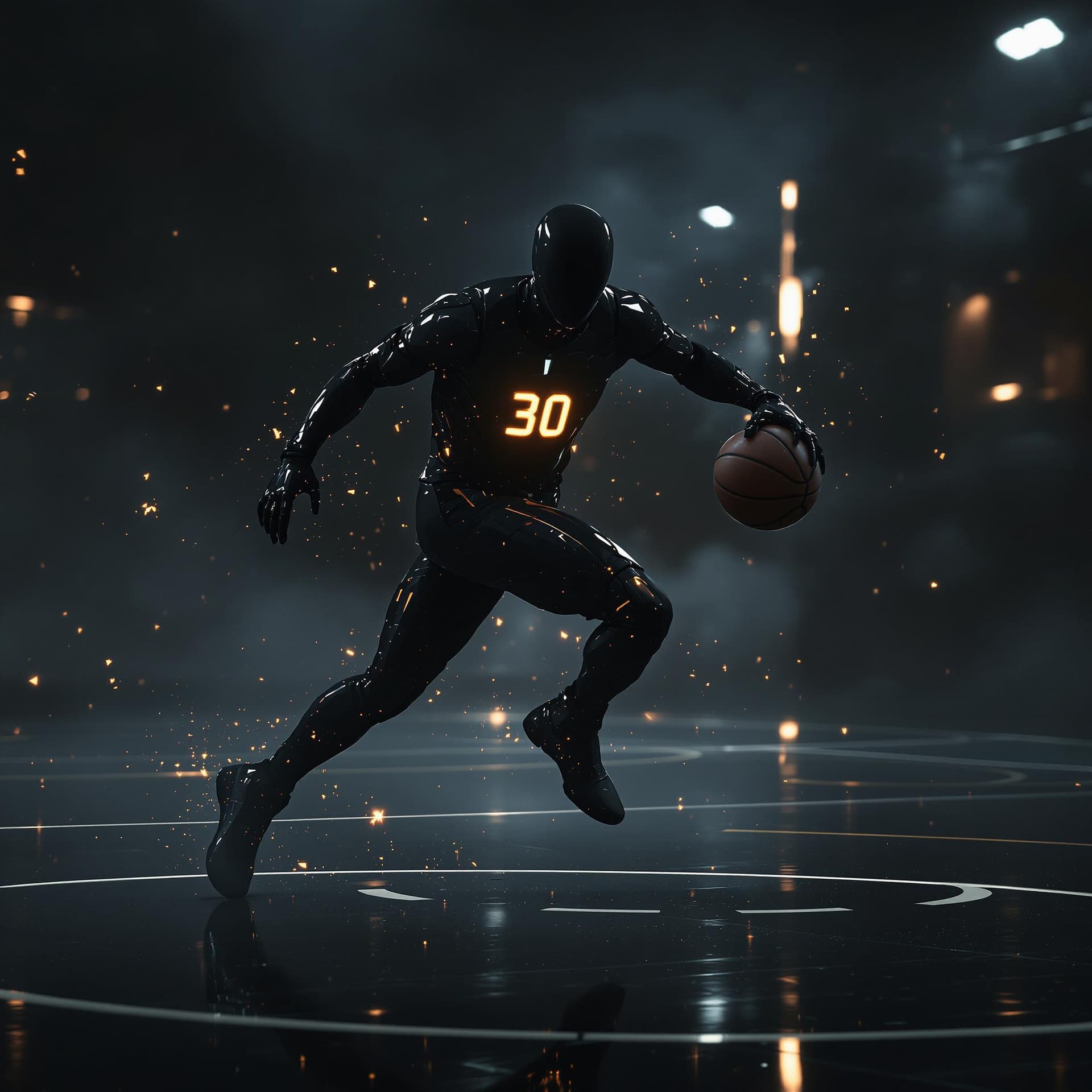 AI generated: A BASKETBALLER IN A BLACK TIGHT SUPERHERO SUIT WITH A GLOWING GOLDEN NUMBER 30 LIKE ON A BASKETBALL ...