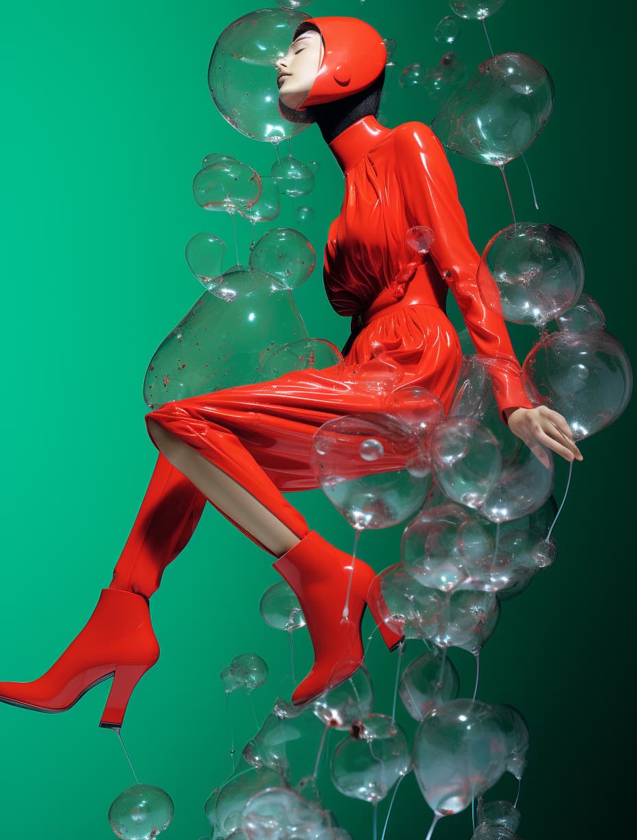 AI generated: a woman in a red bodysuit and high heels, margiela campaign, algae, by Maruyama Ōkyo, a brightly col...