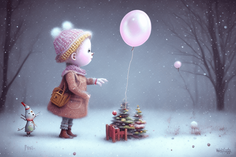 AI generated: On the left side of the image a Holly Hobbie boy holding a balloon, facing the camera, wintertime in...