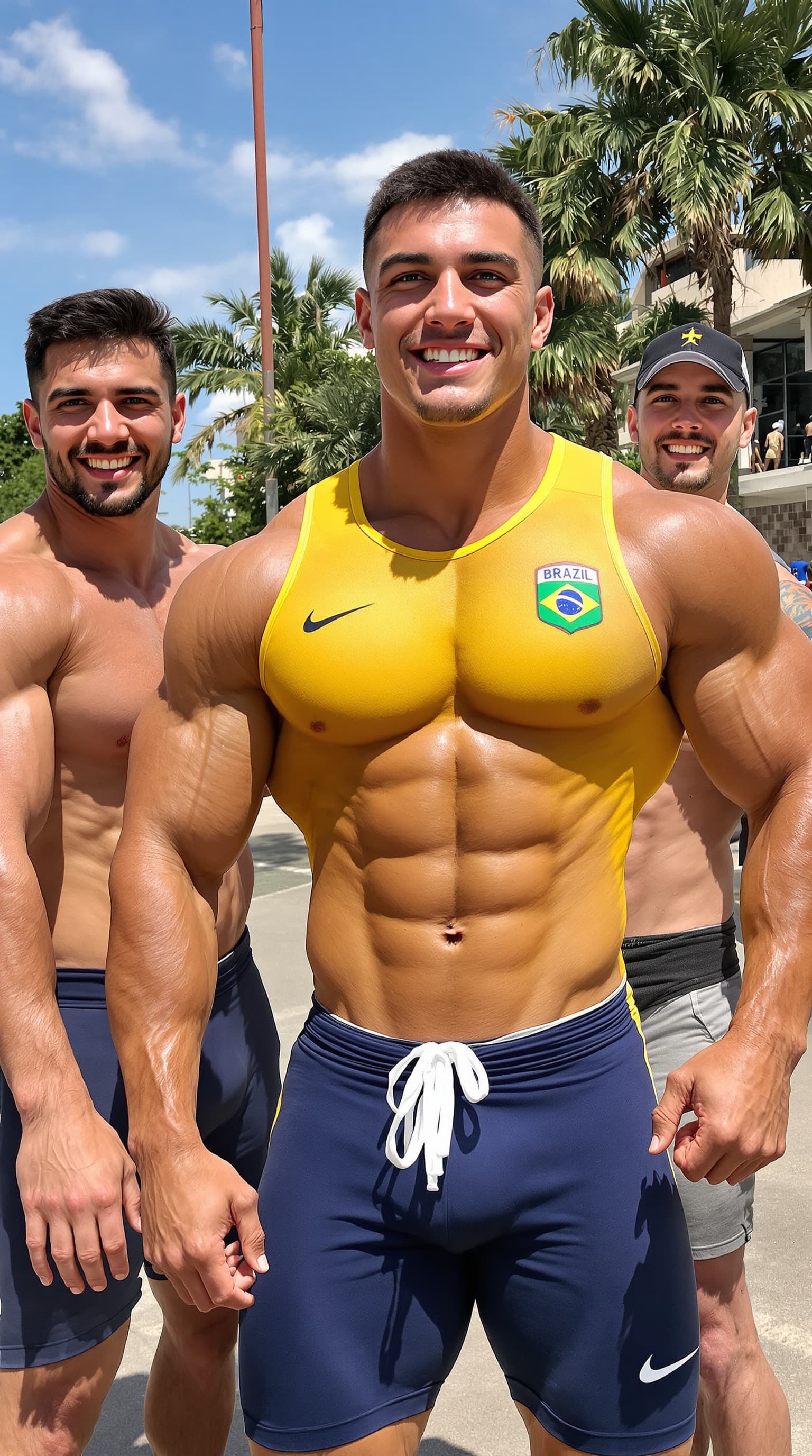 AI generated: Three incredibly muscular and handsome bodybuilders in their early 20s, radiating strength, energy, ...