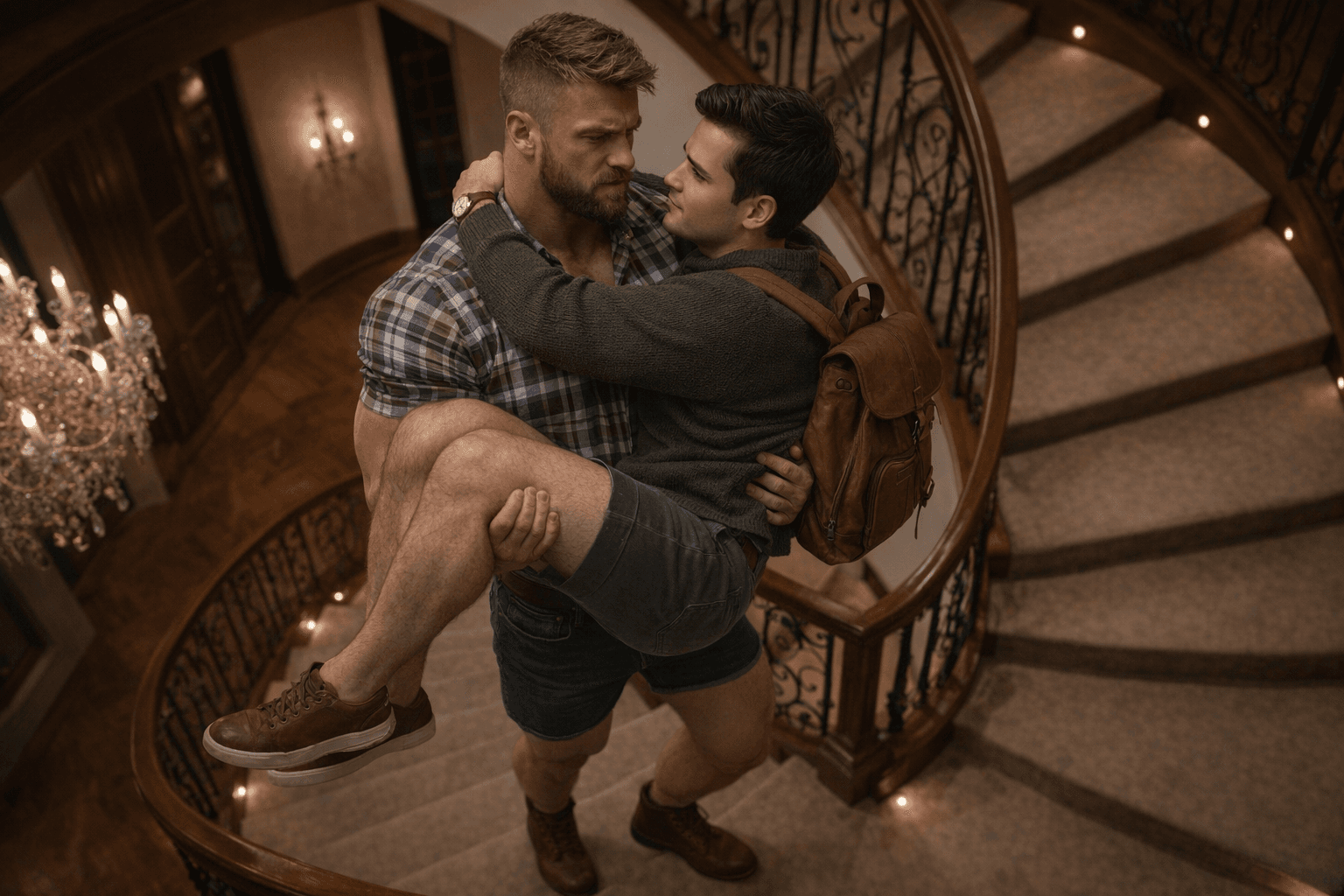 AI generated: At night. The bodybuilder is tall. The bodybuilder is going upstairs at a beautiful and elegant hous...