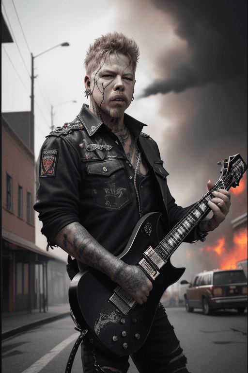 AI generated: Realism ((James Hetfield)), photography, James Hetfield, bloody, on the street, town, burn town, des...