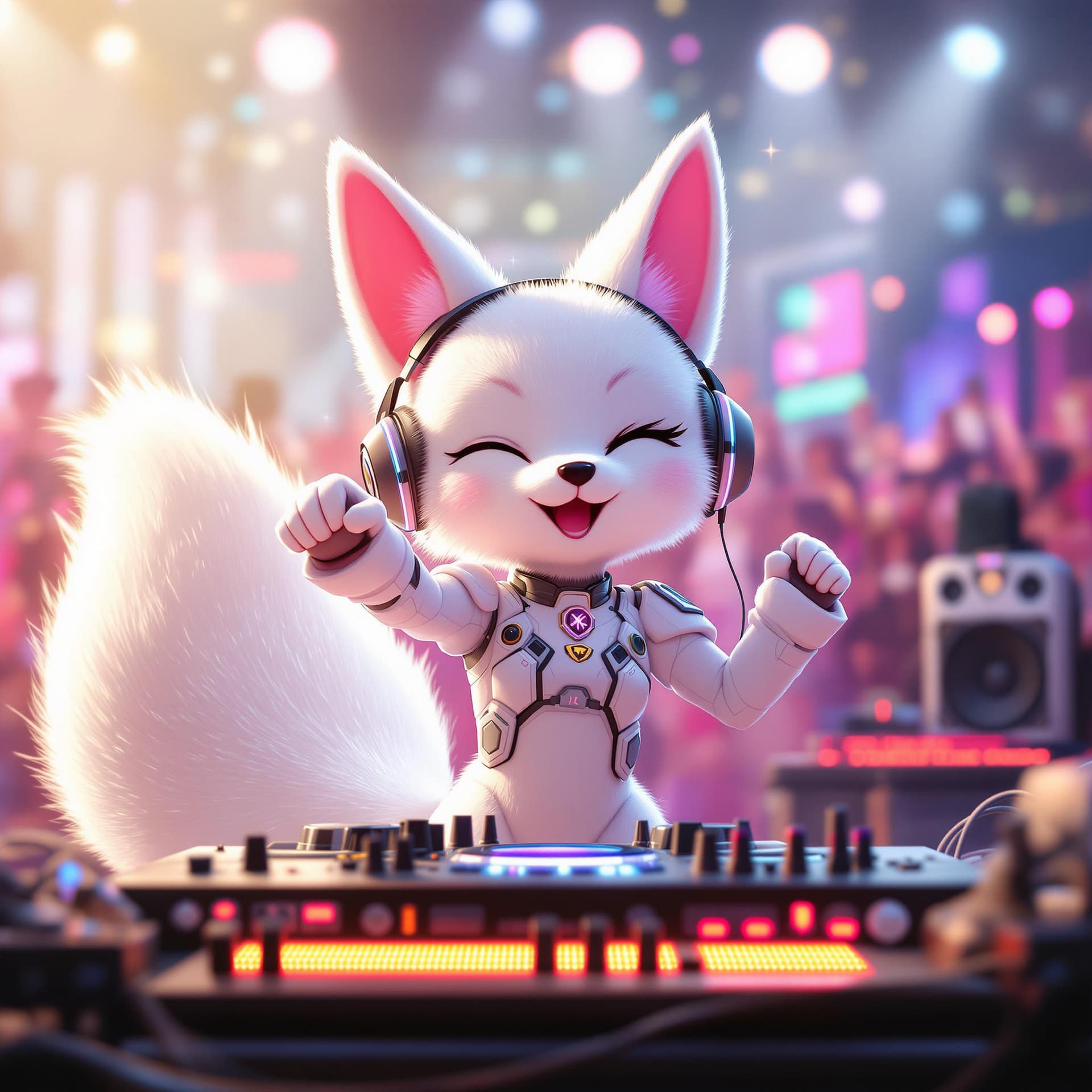 AI generated: No People in the background, white fox, thick tail, cat ears, 20s, DJing, machines are friends, wear...