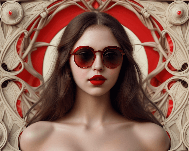 AI generated: a beautiful girl's face wearing sunglasses and red lipstick, a lifelike portrait with every pore and...