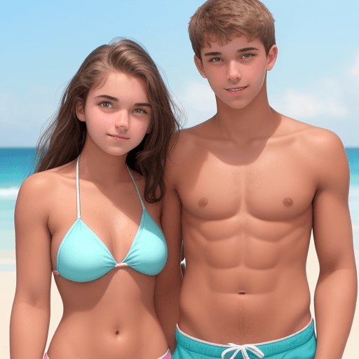 AI generated: a 16 year old teen girl  put suntan lotion her 16 year boyfriend couple bikini boy shirtless medium ...