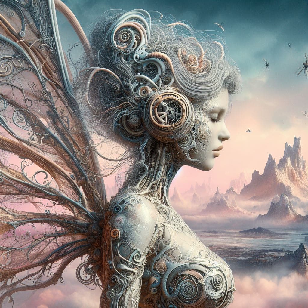 AI generated: a beautiful fairy in a world by H.R. Giger, photorealistic, strange surreal landscape, biomechanic, ...