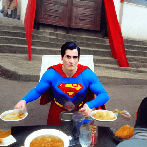 AI generated: Superman Eating encebollado in Quito