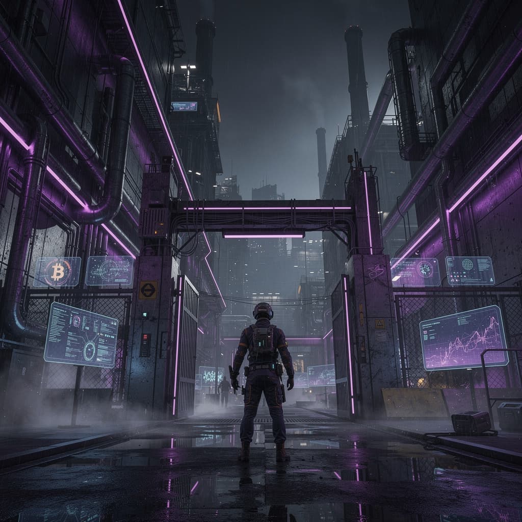 AI generated: "Dark futuristic industrial zone, a lone worker arriving at a massive blockchain factory gate, deep ...