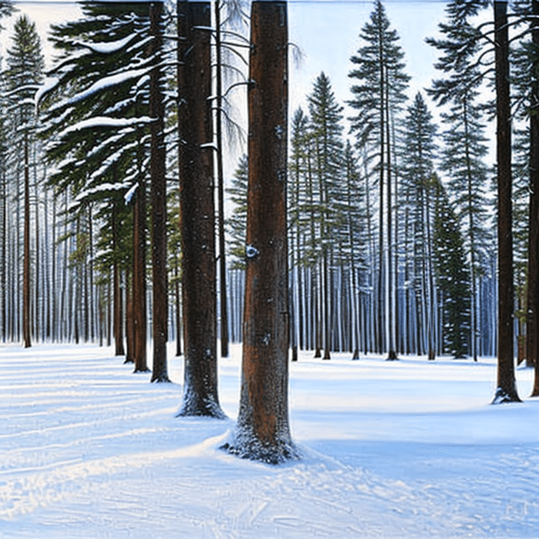 AI generated: photorealistic oil on canvas of some trees in the snow, shutterstock, american scene painting, spruc...