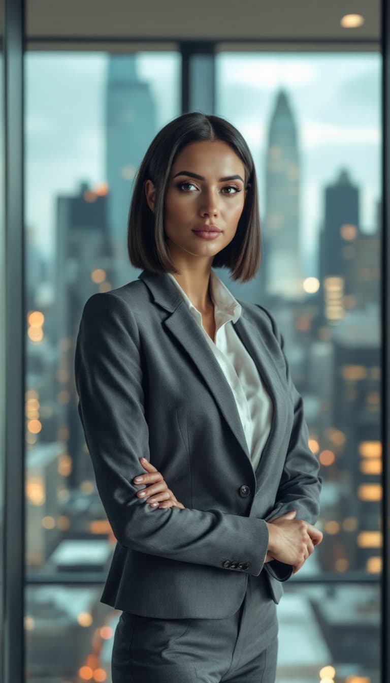 AI generated: A sharp and impeccably detailed portrait of a powerful American businesswoman. She stands confidentl...