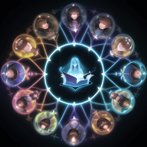 AI generated: A group of diverse individuals exchanging knowledge through glowing books, scrolls, and holograms. V...