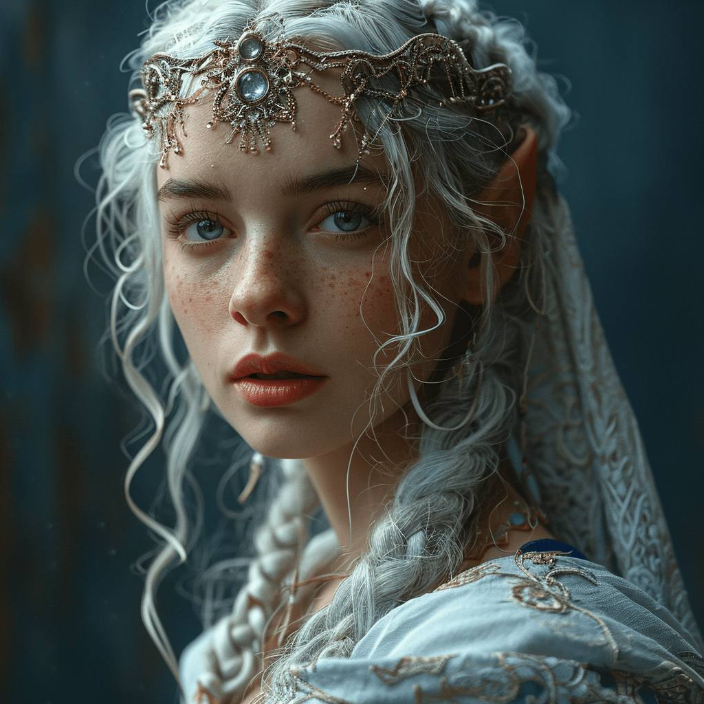 AI generated: female elf wearing intricate robes, silver and navy, scholar, moonlight, detailed facial features, m...
