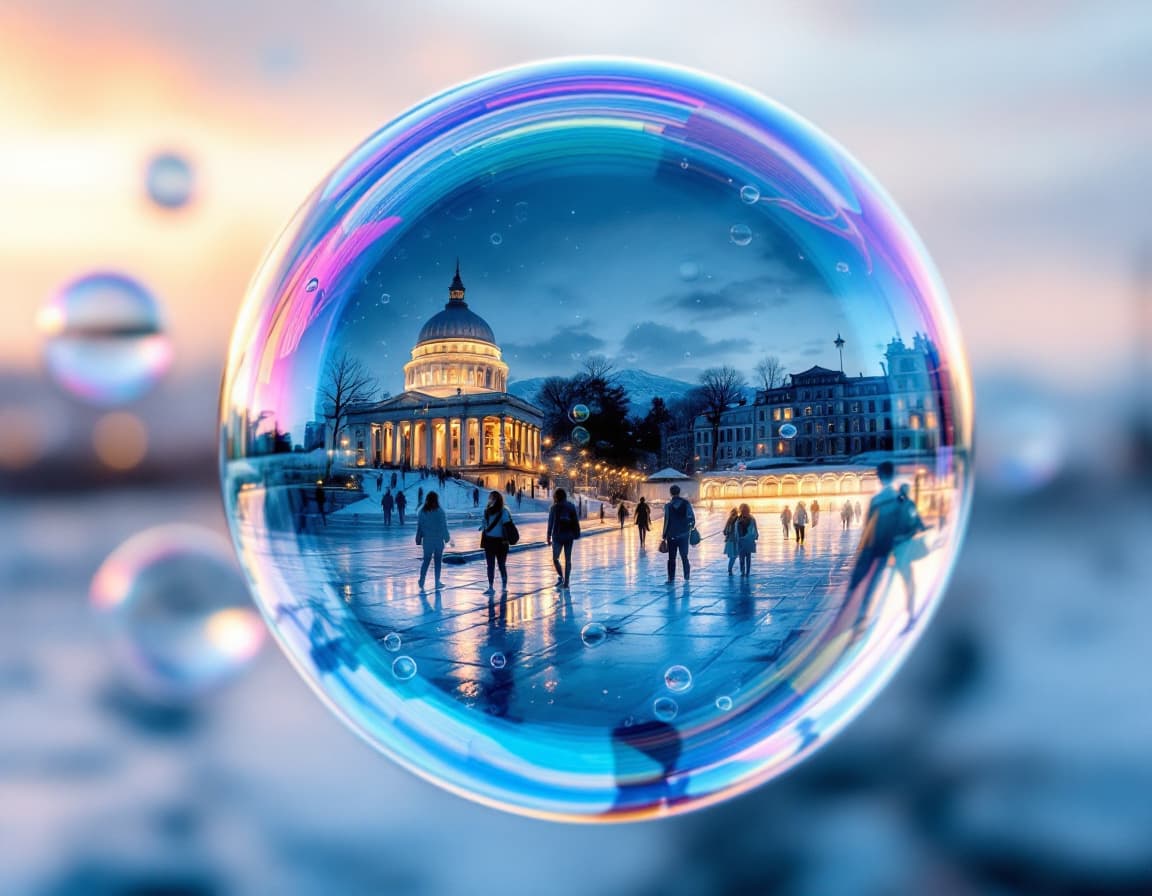 AI generated: Photorealistic style soap bubbles with fish-eye effect reflections of people and places on their sur...