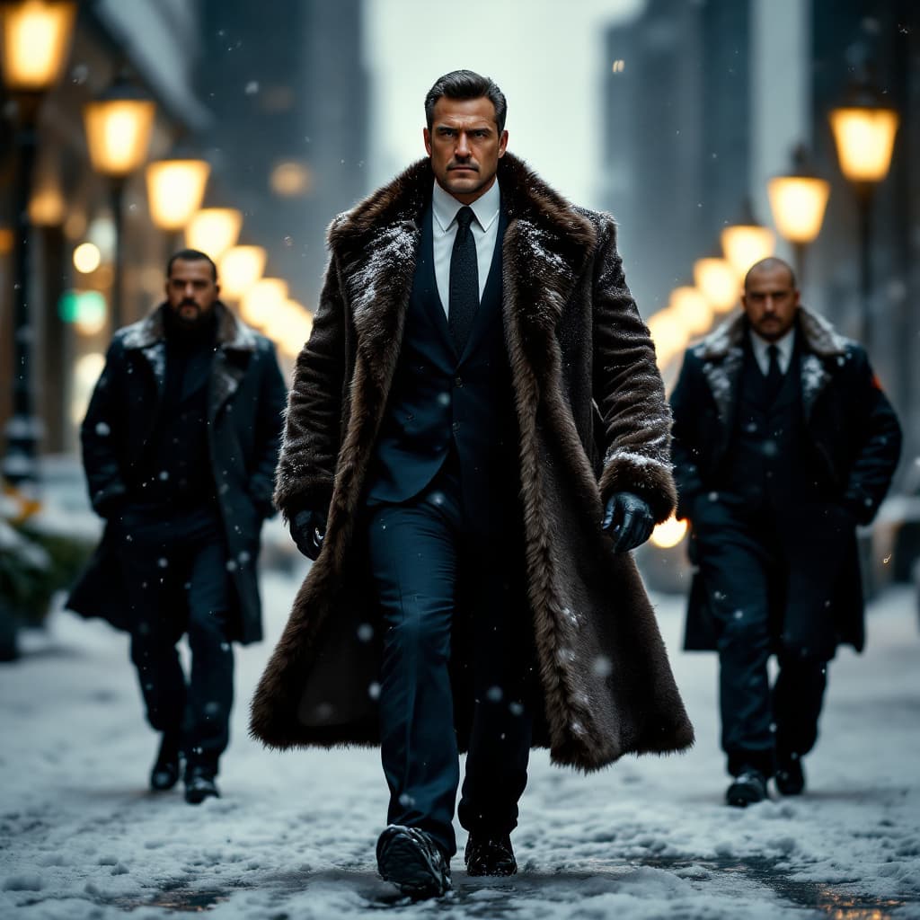 AI generated: A powerful businessman, draped in a luxurious fur-trimmed suit, strides confidently down a snow-cove...