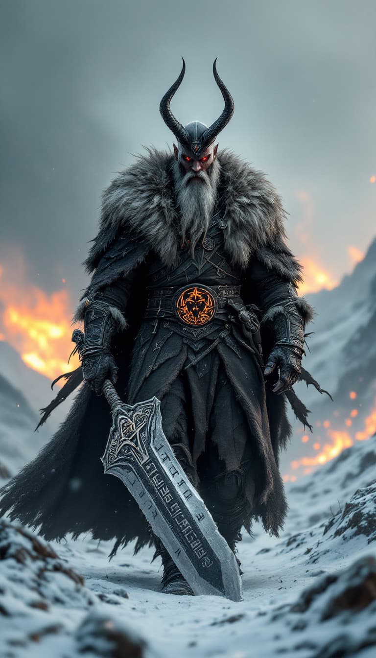 AI generated: An ultra-realistic, zoomed out, front facing full-body portrait of a towering Berserker, his fur-lin...