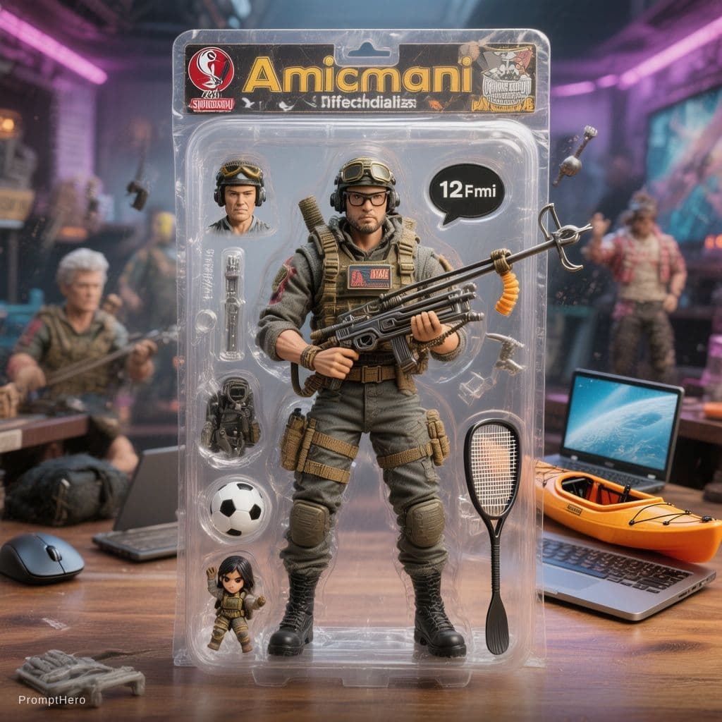 AI generated: Hanging card, available in individual packaging, toys for adults, an action figure of me (PITU) in a...