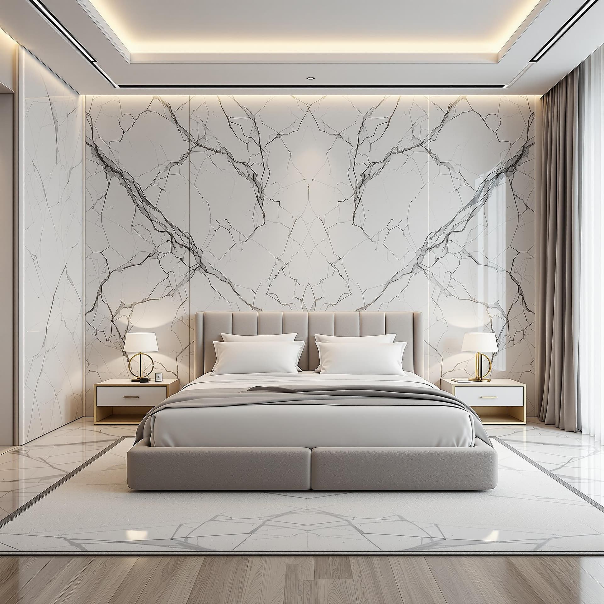 AI generated: high resolution photo, vertical composition, wide room view minimalist luxurious bedroom, large bed,...