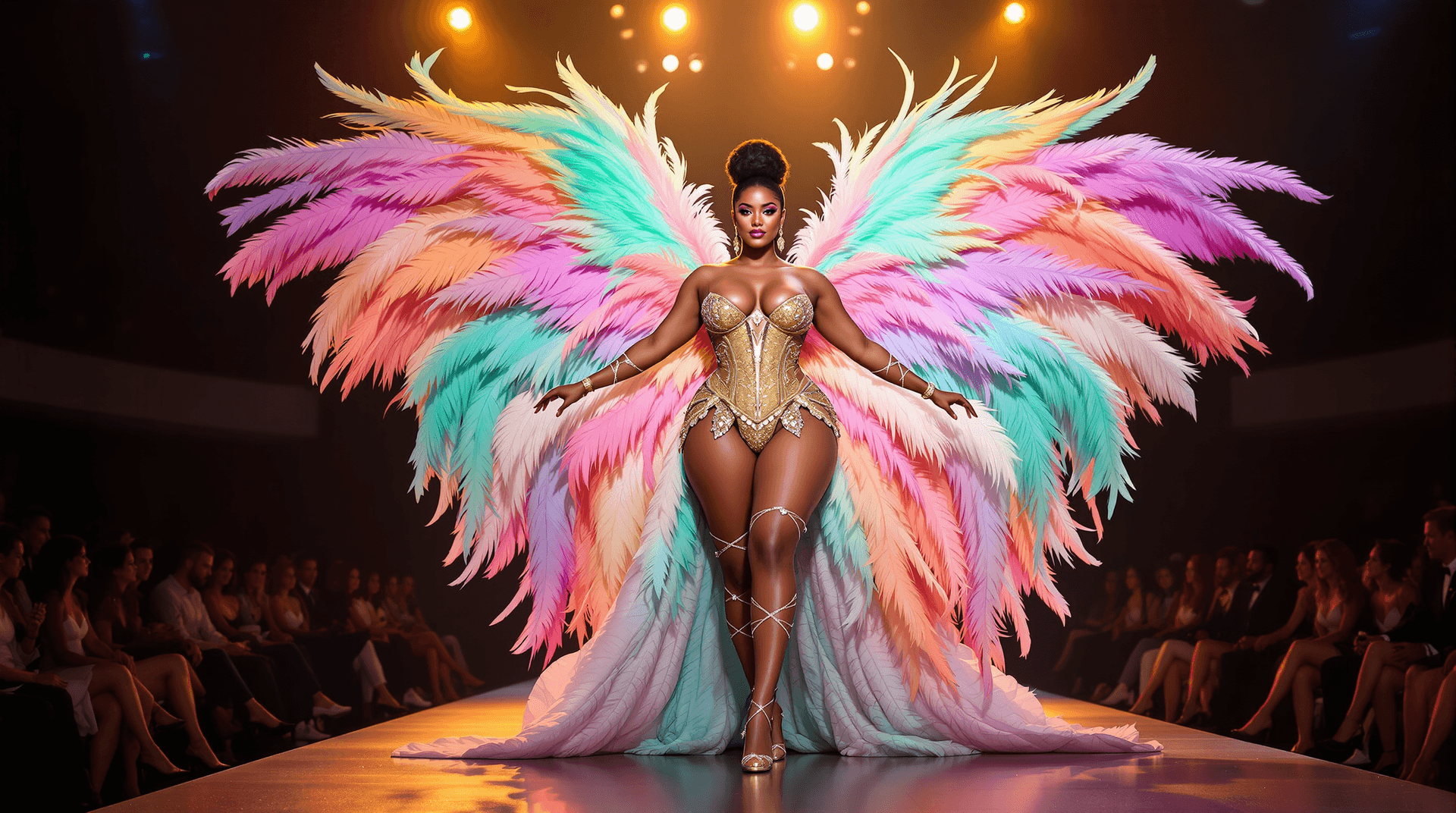 AI generated: Hyper Realistic A stunningly Curvy Plus Size expressive model Woman on a Parading fashion show runwa...