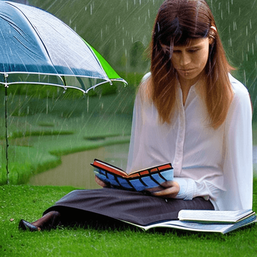 AI generated: a flat skinny woman wearing a wet white silk blouse and wet silk skirt under the rain in a park, she...
