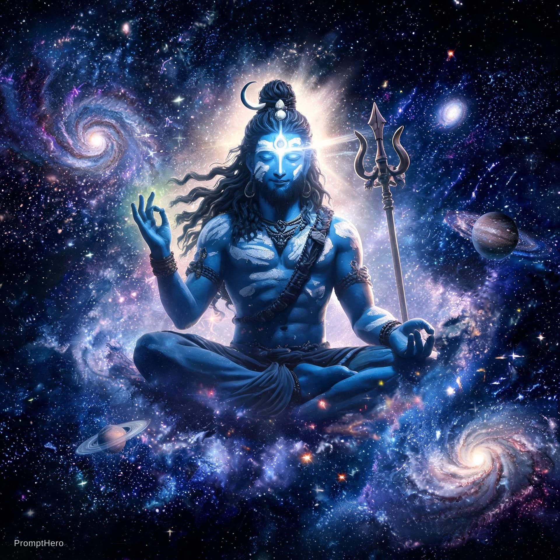 AI generated: Gigantic cosmic Lord Shiva floating in universe surrounded by galaxies, stars and nebula clouds, glo...