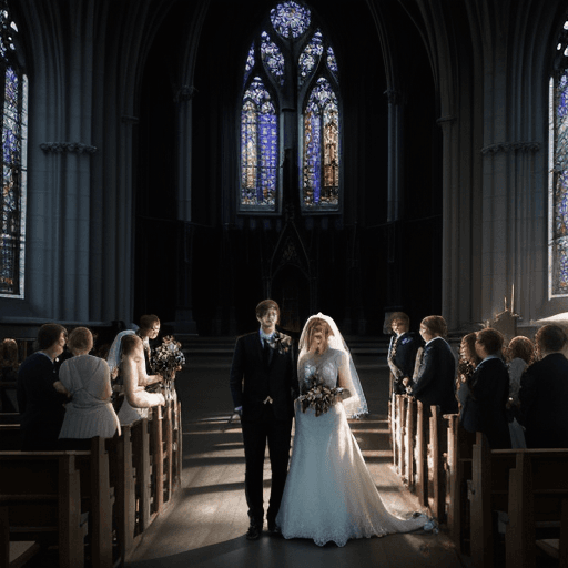 AI generated: Photo of wedding ceremony,  gothic church, dramatic light, pale sunrise, cinematic lighting