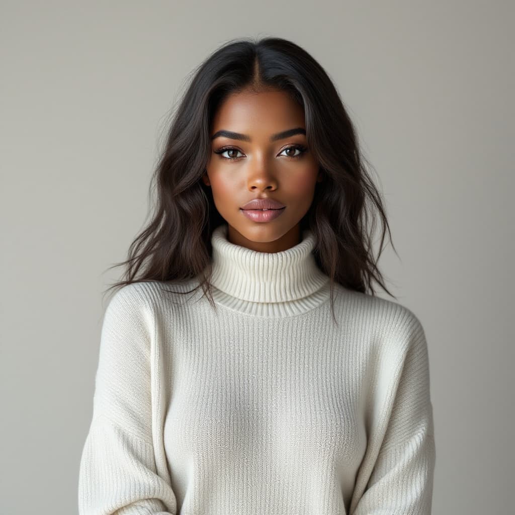 AI generated: Big bust slender brown woman with natural shoulder level hairstyle, wearing a white jumper rolled ne...