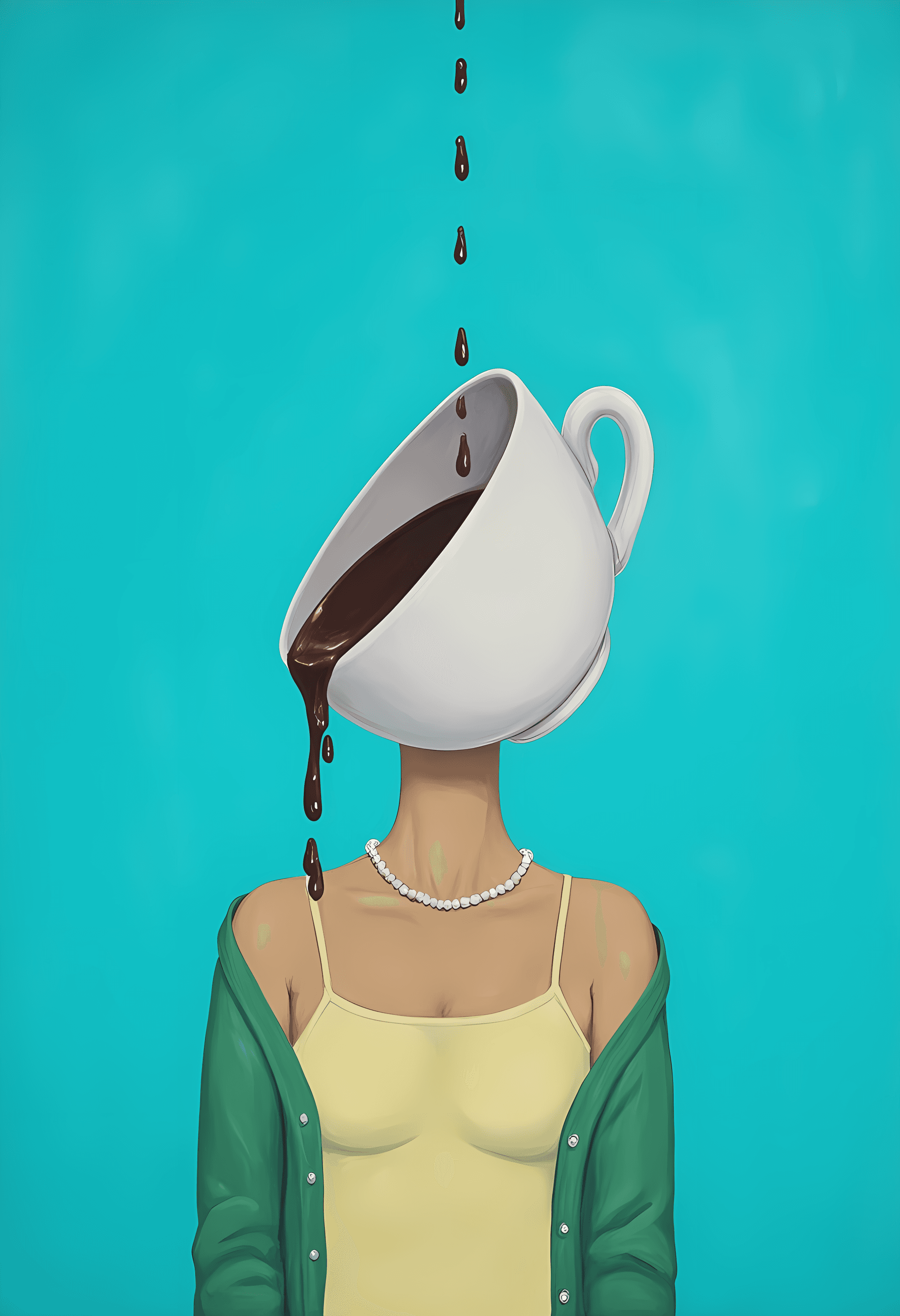 AI generated: A surreal portrait of a person whose head has been replaced by a tilted teacup. Dark liquid, presuma...