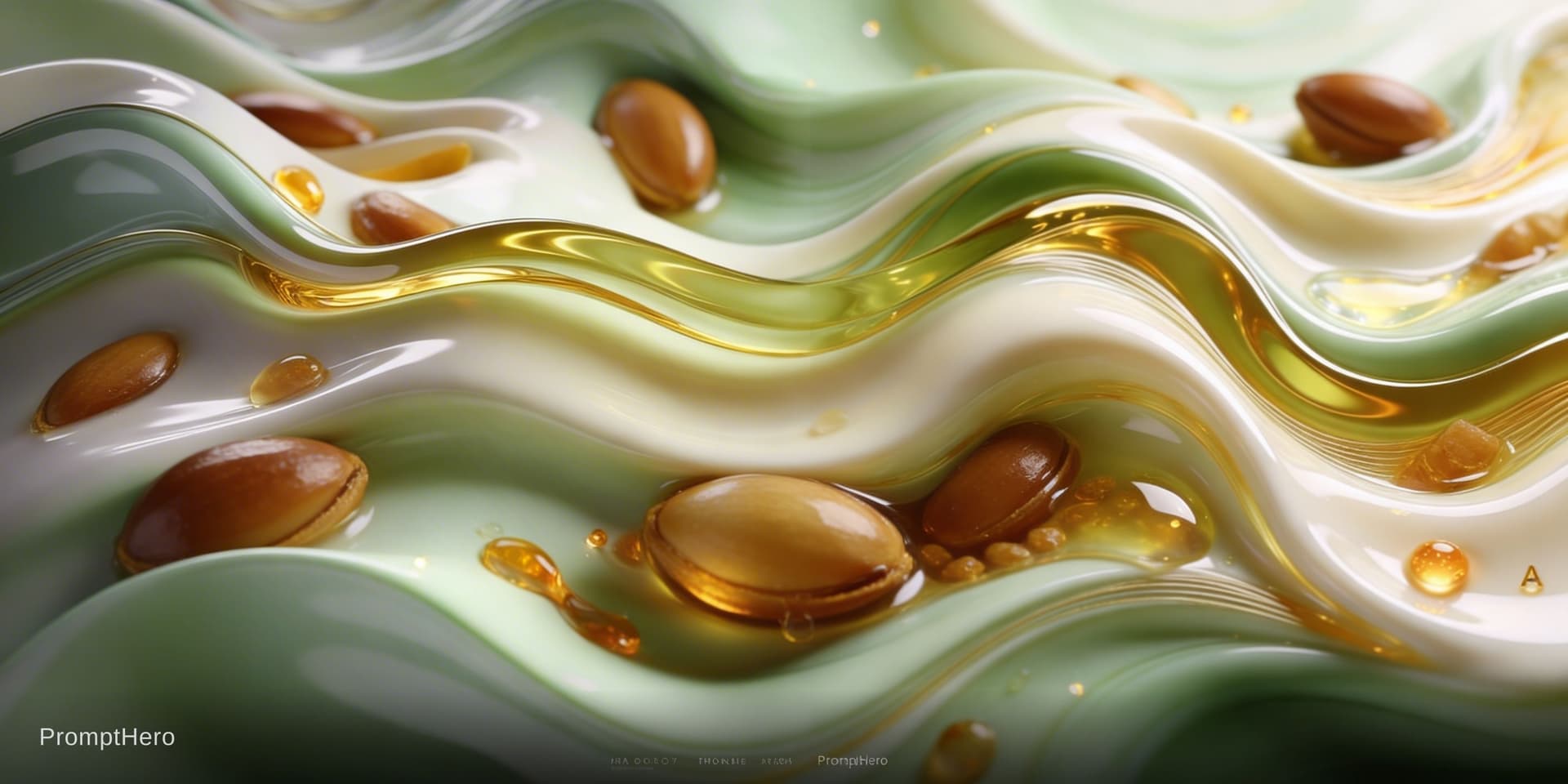 AI generated: Realistic argan kernels and argan nut granules are visibly embedded deep within the flowing liquid w...