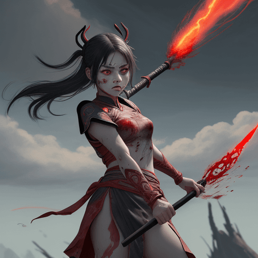 AI generated: 1girl, blood on face, angry, <lora:nezha_20230529030816:0.75>, holding spear, (flying), chinese myth...